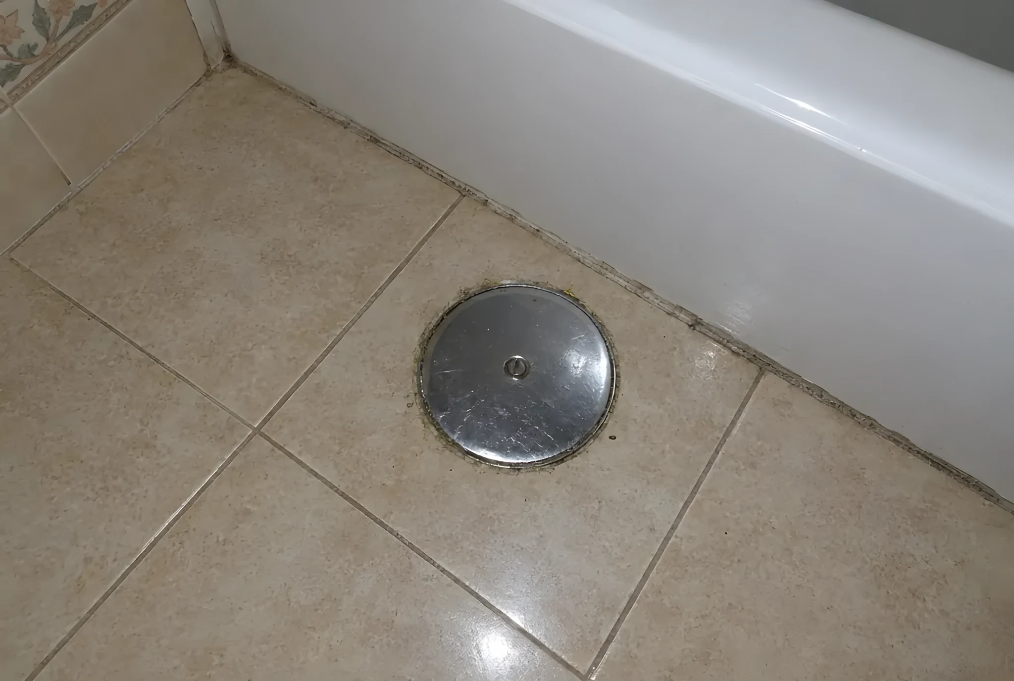 Tapa metálica redonda de un bote sifónico enrasada en el suelo de baldosa beige junto a una bañera blanca
