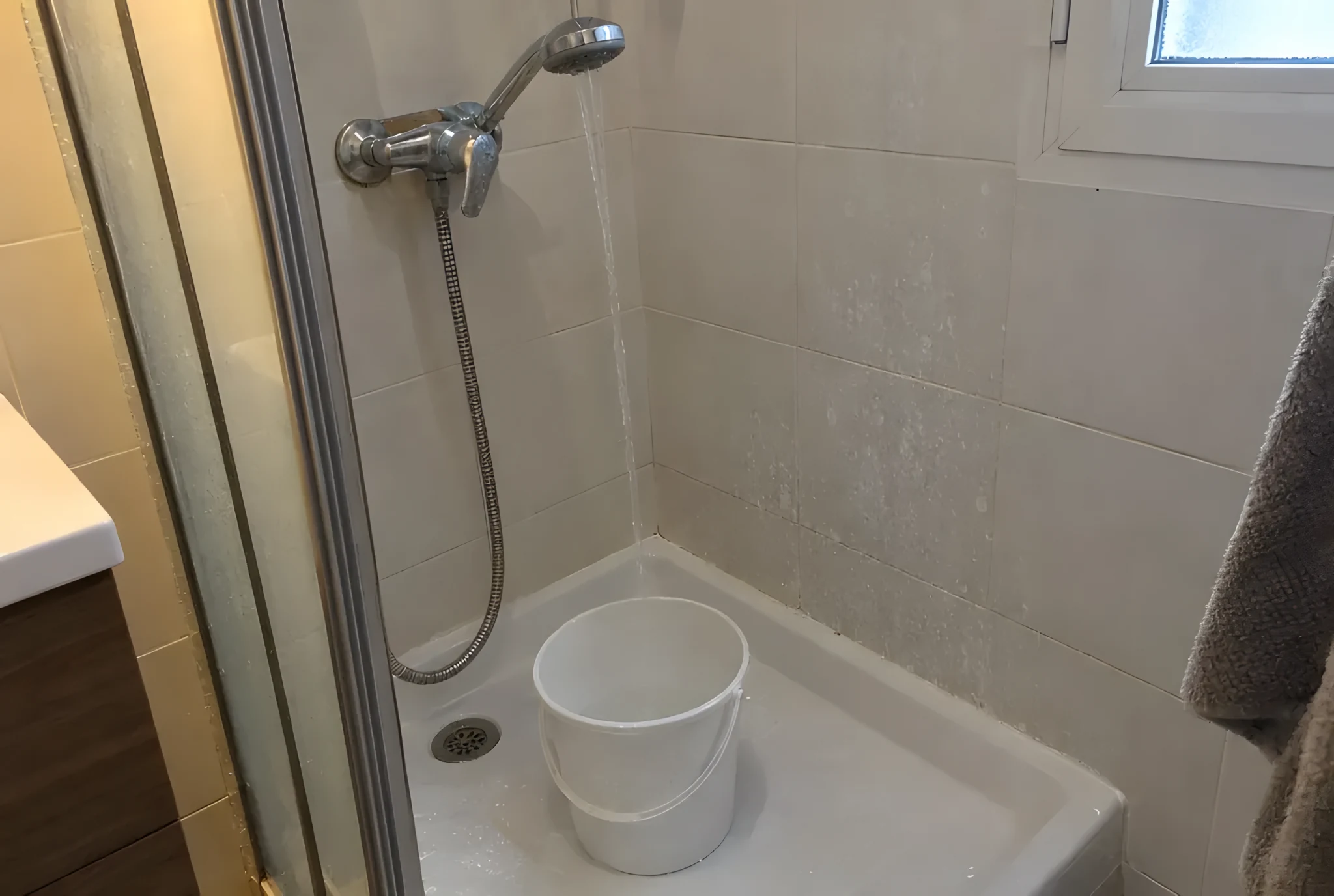 Ducha de un baño con un chorro de agua fino cayendo dentro de un cubo blanco colocado sobre el plato